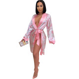 US Dollar Print Pink Tie Waist Kimono Robe