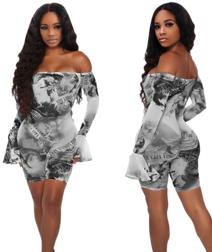 Off Shoulder Gray Print Flare Cuff Bodycon Romper