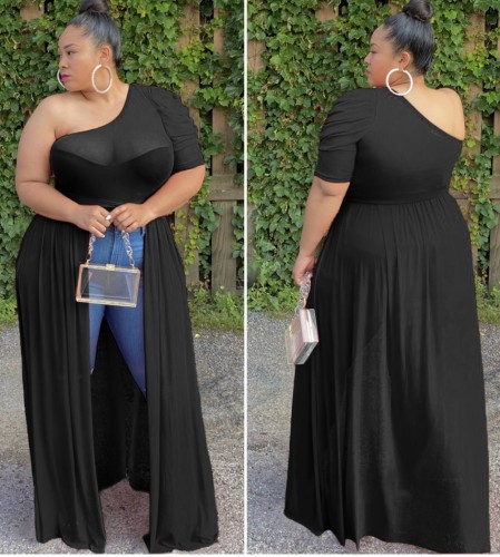 Plus Size Black See Through One Shoulder High Low Dress Top
