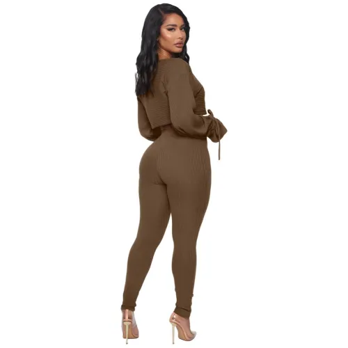 Two Piece Tie Cuff Crop Top and Tight Pants Set