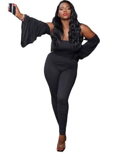 Black Strapless Scrunch Sleeve Top and Stack Pants Set