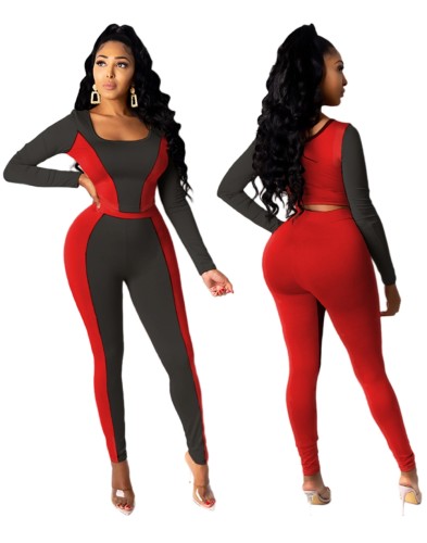 Tight Contrast Long SLeeve Crop Top and Pants Set