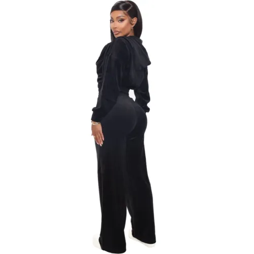 Black Velvet Crop Top and Wide Leg Pants Hooded Tracksuit