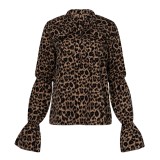 Long Sleeve Tie Waist Leopard Print Elegant Blouse