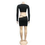 Black Sexy Crop Top and Cut Out Mini Skirt Set