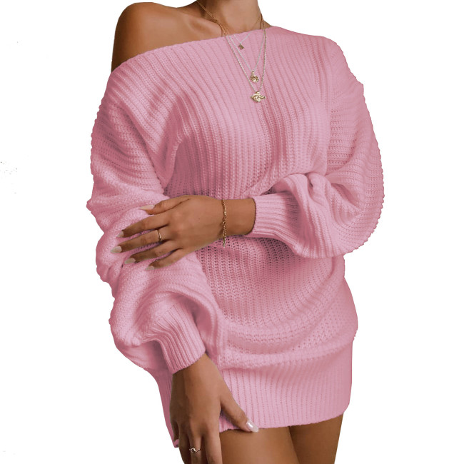 Boat Neck Pink Bubble Sleeve Sweater Dress