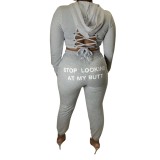 Gray Lace Up Back Cropped Hoodie and Pants Set