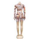 Print Tie Front Mesh Crop Top and Shorts Set