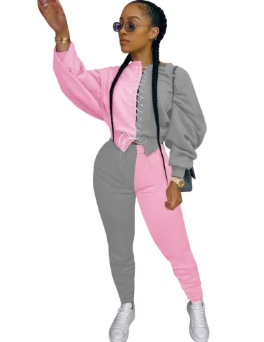 Two Tone Lace Up Puff Sleeve Crop Top and Pants Set