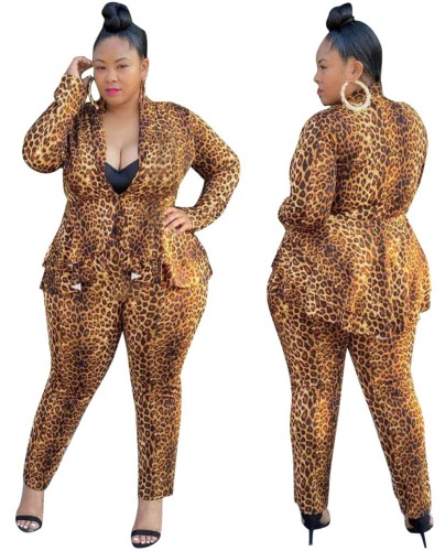 Plus Size Leopard Peplum Blazer and Pants Suit