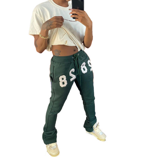 Green Embroidered Number Casual Track Pants