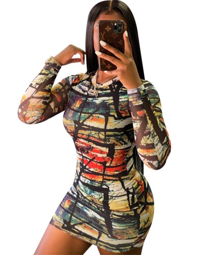 Abstract Print Long Sleeve Bodycon Mini Dress