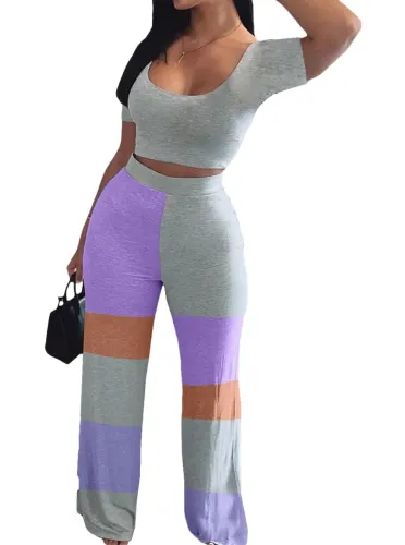 Gray Crop Top and Color Block Wide Leg Pants Set