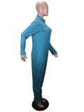 Plus Size Blue Zipper High Neck Bodycon Jumpsuit