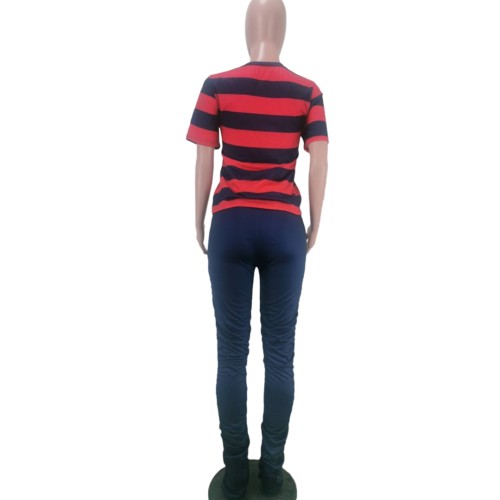 Striped Red & Black Tee and Plain Stack Pants Set