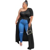Plus Size Black See Through One Shoulder High Low Dress Top