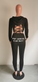 Black Lace Up Back Cropped Hoodie and Pants Set