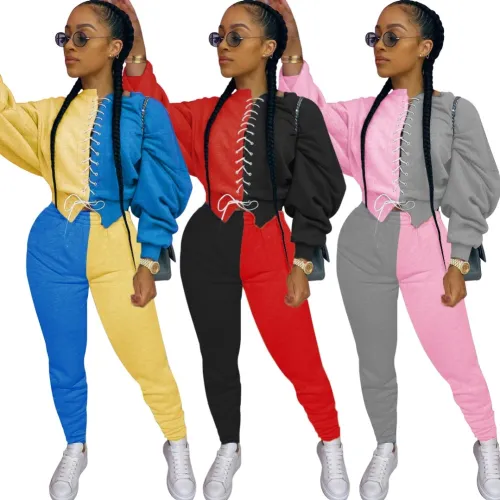 Two Tone Lace Up Puff Sleeve Crop Top and Pants Set