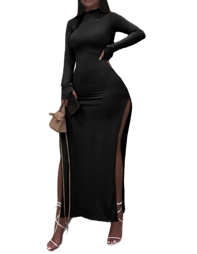 Black High Neck Long Sleeve Slit Bodycon Maxi Dress