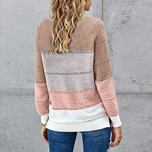 Color Block Hollow Out Round Neck Pullover