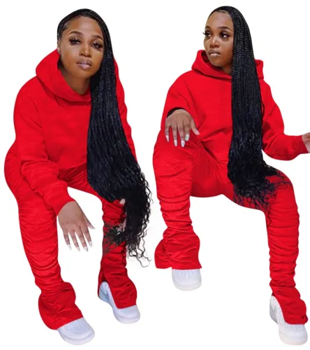 Solid Color Long Sleeve Hooded Sweatshirt and Stack Shirtpants