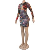 Abstract Print Long Sleeve Bodycon Mini Dress
