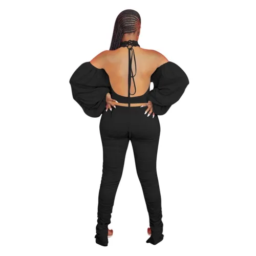 Solid Backless Balloon Sleeve Top and Stack Pants Set