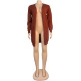 Brown Knitted Long Sleeve Cardigan with Pockets
