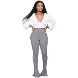 Sexy White V Neck Top and Gray Flare Bottom Pants Set