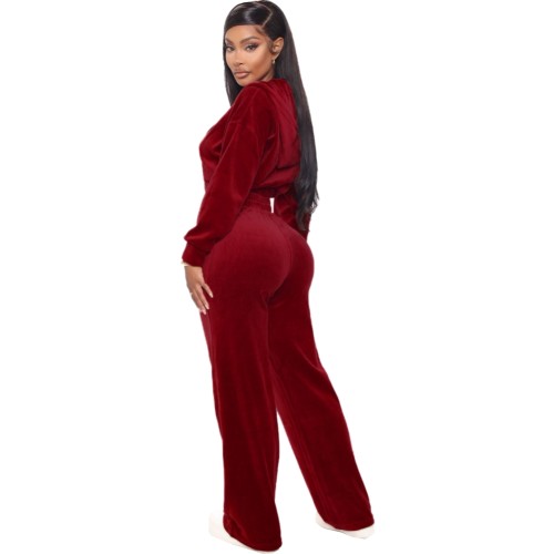 Burgundy Velvet Crop Top and Wide Leg Pants Hooded Tracksuit