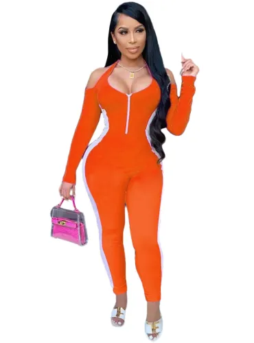 Cold Shoulder Side Striped Sexy Halter Slinky Jumpsuit