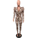 Sexy Plunge Puff Sleeve Print Bodycon Jumpsuit