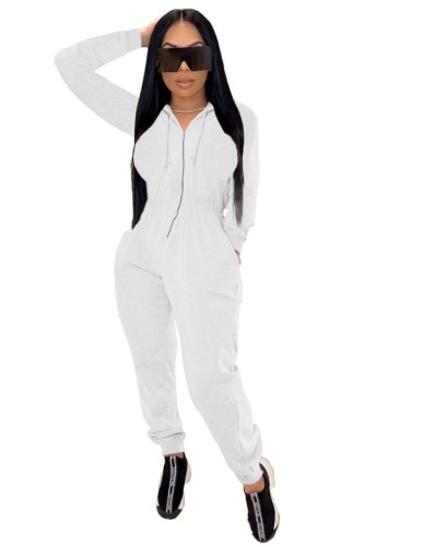Casual Solid Zip Up Hooded Jumpsuit