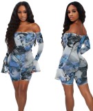 Off Shoulder Blue Print Flare Cuff Bodycon Romper