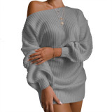 Boat Neck Gray Bubble Sleeve Sweater Dress