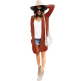 Brown Knitted Long Sleeve Cardigan with Pockets
