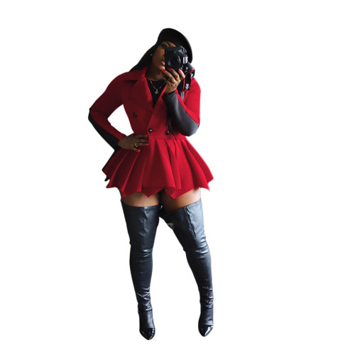 Plus Size Red Peplum Belted Coat with Contrast Panel