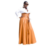 Brown PU Leather High Waist Maxi Skirt with Belt