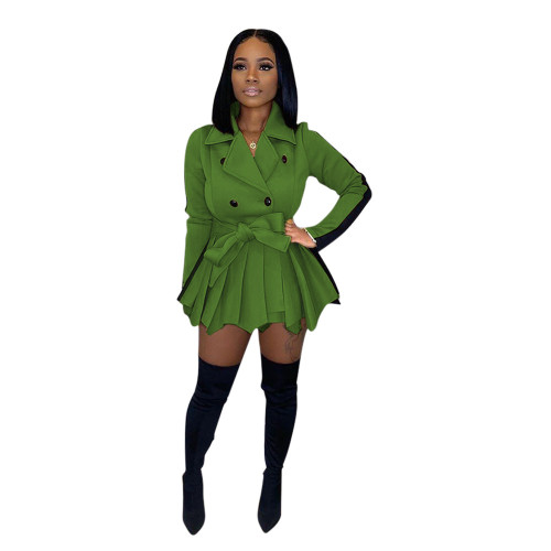 Plus Size Green Peplum Belted Coat with Contrast Panel