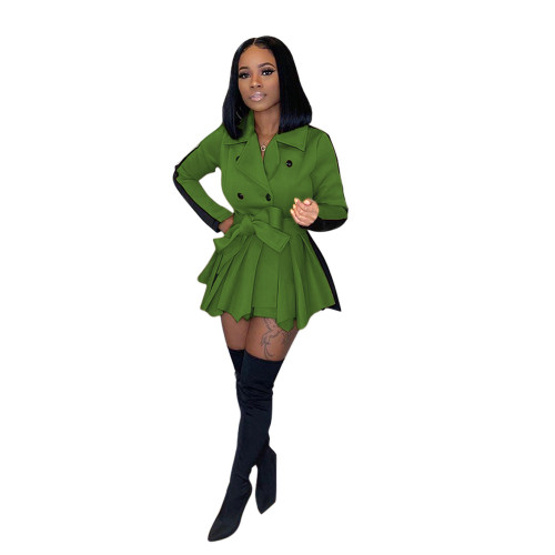 Plus Size Green Peplum Belted Coat with Contrast Panel