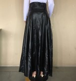 Black PU Leather High Waist Maxi Skirt with Belt