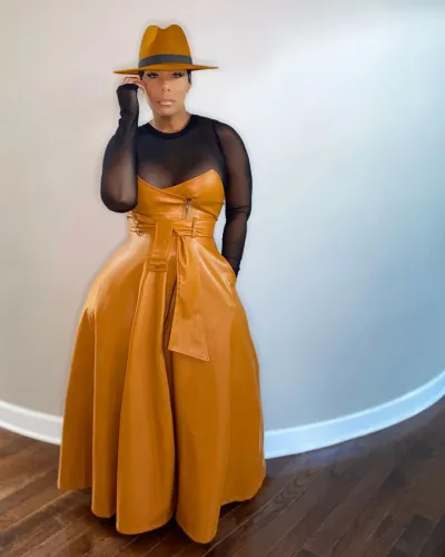 Brown PU Leather High Waist Maxi Skirt with Belt