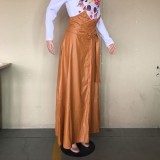 Brown PU Leather High Waist Maxi Skirt with Belt