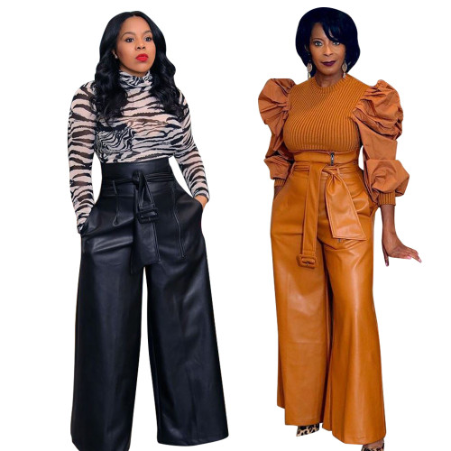 Brown PU Leather High Waist Wide Leg Pants