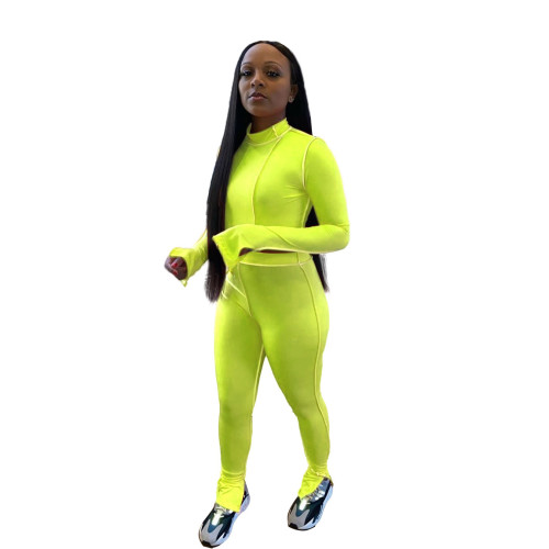 Neon Green Mock Neck Crop Top and Pants Two Piece Set