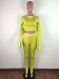Neon Green Mock Neck Crop Top and Pants Two Piece Set