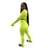 Neon Green Mock Neck Crop Top and Pants Two Piece Set