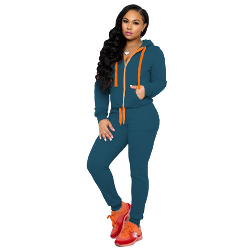 Solid Color Hooded Tracksuit with Contrast Details