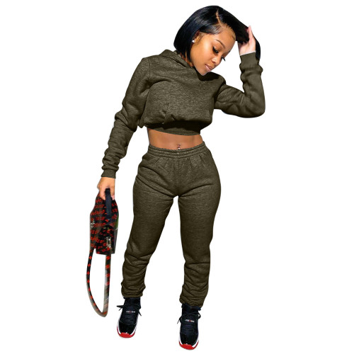 Army Green Solid Warm Hooded Sweatsuits
