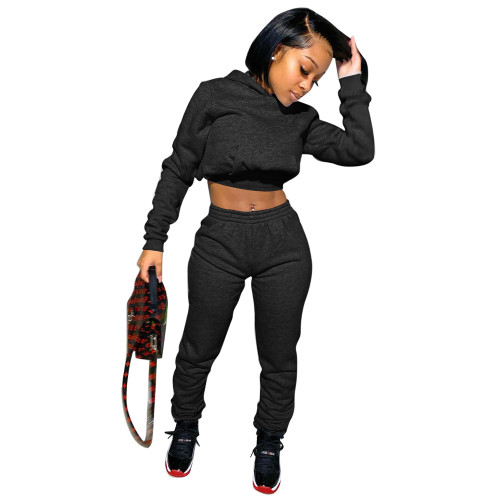 Black Solid Warm Hooded Sweatsuits